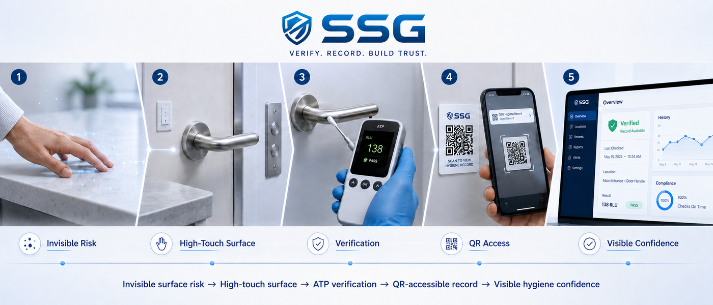 SSG surface hygiene verification system with ATP measurement and QR-accessible records